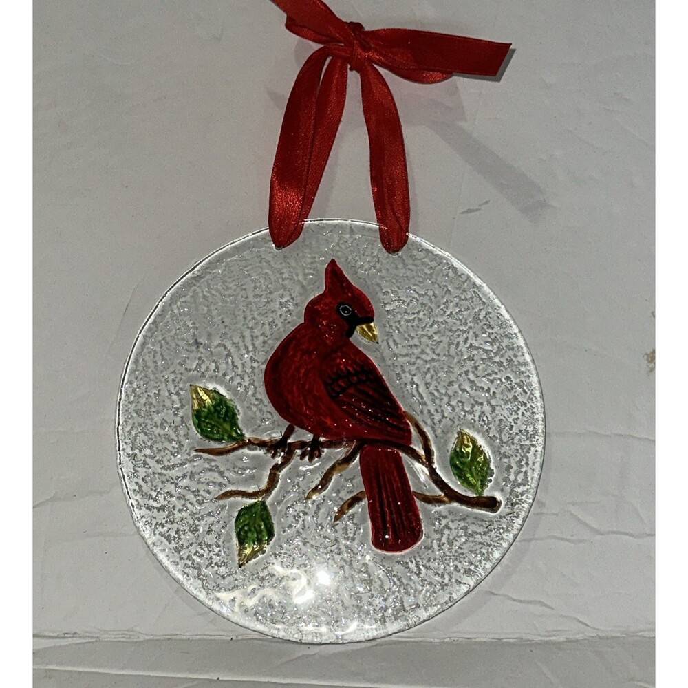 Suncatcher Cardinal Redbird Recycled‎ Fused Glass Red Ribbon 6” Gift Christmas